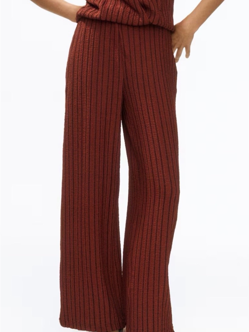 Wide-Leg Ribbed Crinkle Knit Pants - Rust